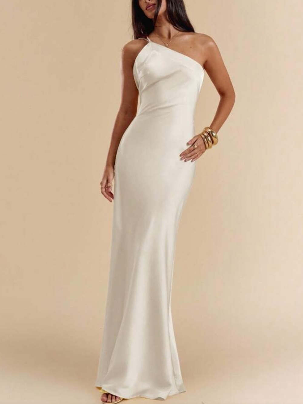 White One-Shoulder Satin Evening Gown